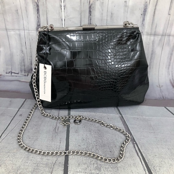 BCBGeneration Vienna Black Shoulder Bag Metal Silver Strap Faux Crocodile - Picture 1 of 16